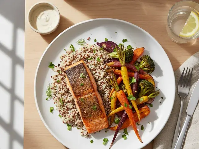Roasted salmon with quinoa and colourful vegetables